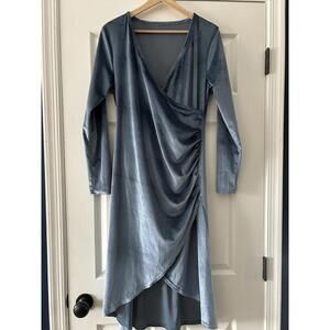 Unbranded Velvet Faux Wrap Long Sleeve Dress Blue Women's Size Medium